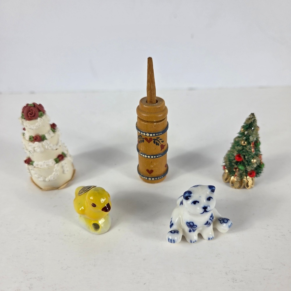 Vintage Dollhouse Miniatures Lot 5pc Wedding Cake Churn Christmas Tree Cat Bird